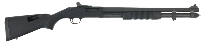 "Mossberg 590A1 Tactical 12 Gauge Pump-Action Shotgun with 20" Barrel, Ghost Ring Sights, and Parkerized Finish - Black Synthetic with Storage Compartment Stock"