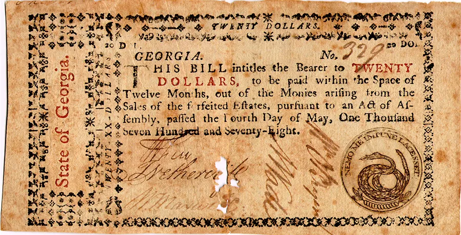 Georgia $20 Bill, May 4th, 1778. Photo Credit - https://coins.nd.edu/colcurrency/currencytext/GA-05-04-78.html