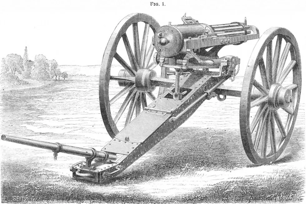 The front page of the Scientific American on December 4, 1869, had a story of an improved version of the Gatling gun produced by Colt's Armory.