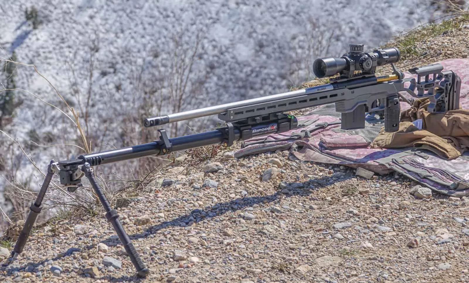 desert tech srs with bipodext pro stabilizer mounted in the mountains