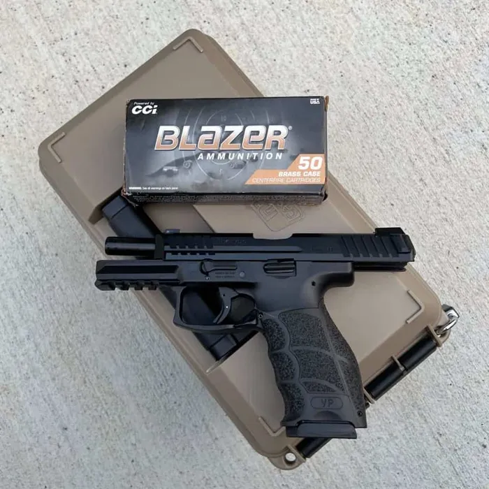 hk vp9 on ammo case with cci blazer ammunition