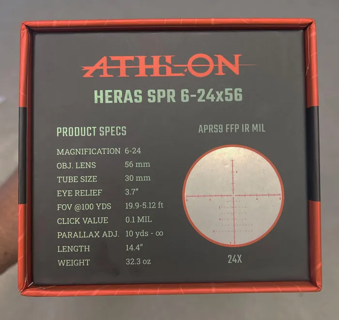 Athlon Heras 6-24X56 FFP Scope product specs from box