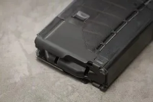 Lancer L5AWM 30 hybrid magazine showing the steel feed lips, a key feature for enhanced durability and reliability
