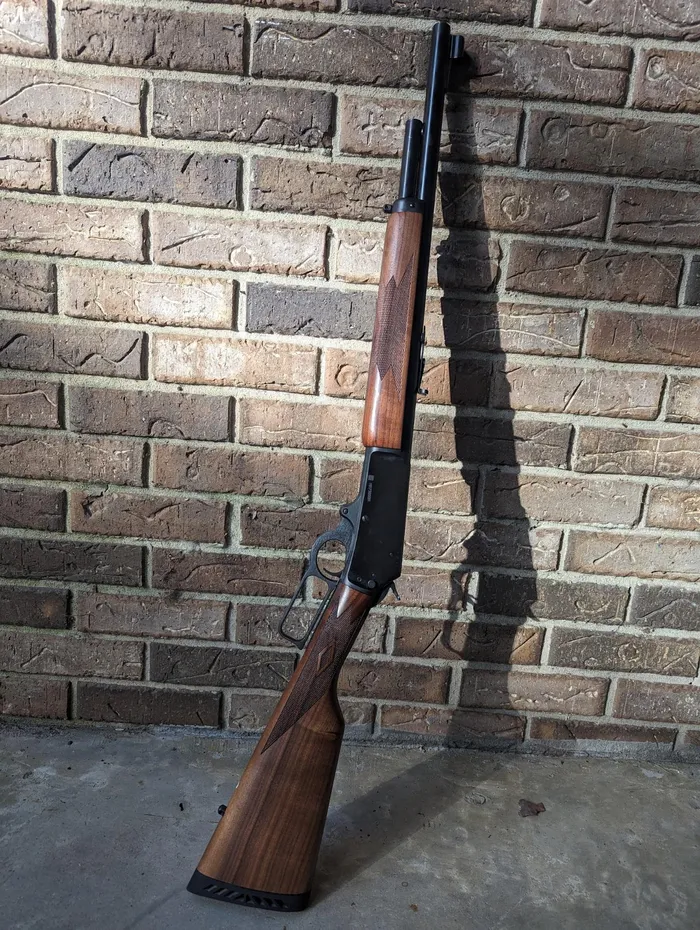 marlin 1895 leaning against brick wall and review