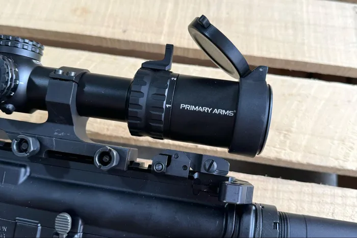 Primary Arms Deluxe AR-15 Scope Mount - 30mm backup sights mounted