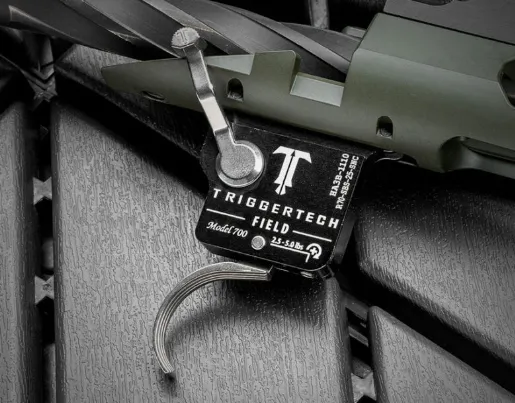 Close-up of the TriggerTech adjustable trigger on the Springfield Armory Model 2020 Redline rifle, highlighting its quality
