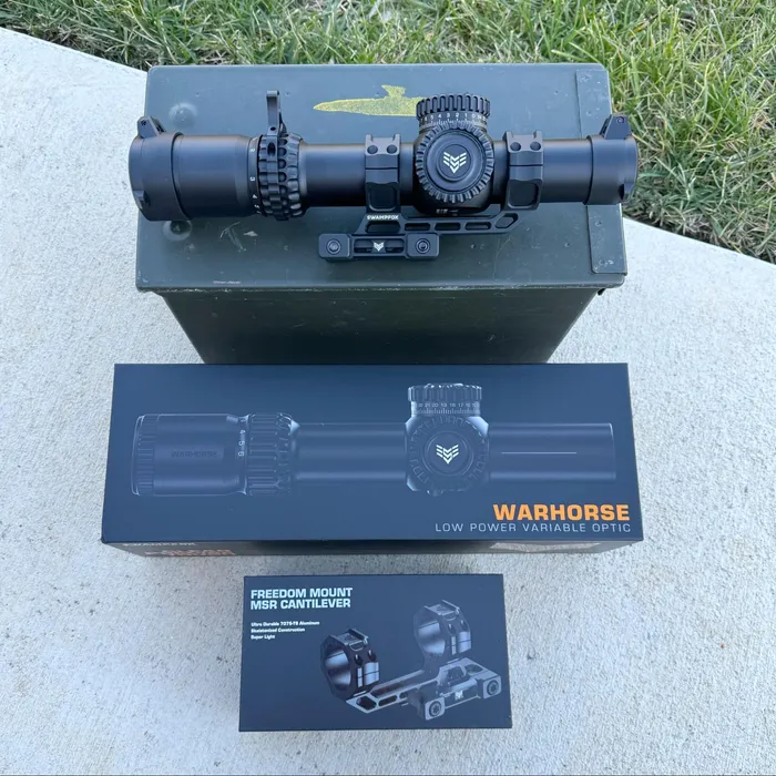 Image showing the detailed and high-quality packaging of the Swampfox Warhorse LPVO, emphasizing the brand's attention to detail