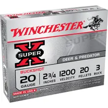 Winchester Super-X 20 Gauge 2-3/4" #3 Buck 20 Pellets Ammo, Case of 250 Rounds/Shells, XB203