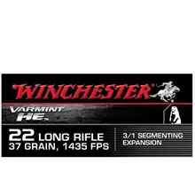 WINCHESTER VARMINT HE .22LR AMMO 50 ROUNDS 37 GRAIN 3/1 SEGMENTING EXPANSION
