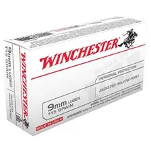 Winchester USA 9mm Luger 115gr JHP Ammunition, 50 Rounds Box