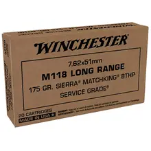 Winchester Service Grade M118 Long Range 7.62x51mm NATO 175 Grain Sierra MatchKing BTHP Ammunition, Box of 20 Rounds