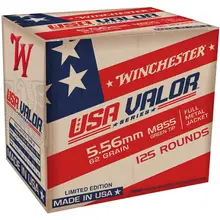 Winchester USA Valor 5.56x45 NATO M855 Ammunition, 62 Grain FMJ Green Tip, 125 Rounds, 3060 FPS - USA855125