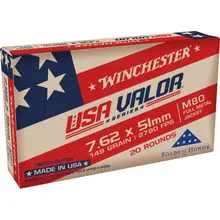 Winchester USA Valor M80 7.62x51mm NATO 149 Grain FMJ Ammunition - 20 Rounds