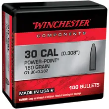Winchester .308 Win 180 Grain Power-Point (PP) Centerfire Rifle Reloading Bullets - 100 Count Box
