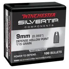 Winchester 9mm .355 115gr Silvertip Hollow Point Centerfire Handgun Reloading Bullets - 100 Count Box
