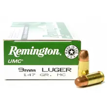 Remington UMC 9mm Luger 147 Grain FMJ Ammunition, 50 Rounds Per Box - L9MM9