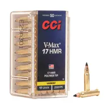 CCI V-Max .17 HMR Ammunition, 17 Grain Polymer Tip, Box of 50 Rounds, Product #0049