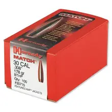 Hornady .30 Cal .308 178gr Boat-Tail Hollow Point Match Bullets, 100ct Box