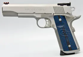 Colt 1911 Gold Cup Trophy Stainless Steel 38 Super 5" Barrel Pistol with 9+1 Capacity and Checkered Blue/Black G10 Grip - O5073XE