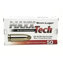 MaxxTech 9mm Luger Handgun Ammunition, 124gr FMJ, 50 Rounds - PTGB9124B