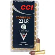 CCI Copper-22 22LR Ammo, 21 Grain Copper Hollow Point, 50 Round Box, 1850 FPS, Lead-Free, 925CC