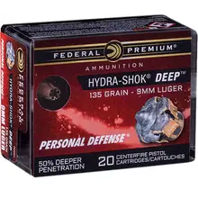 Federal Premium Personal Defense Hydra-Shok Deep 9mm Luger 135gr Hollow Point Ammo, 20 Rounds - P9HSD1