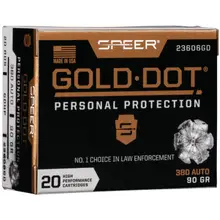 Speer Gold Dot Personal Protection .380 ACP 90 Gr GDHP 20 Rounds Ammunition - 1040 FPS