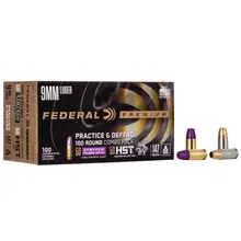 Federal Premium Practice & Defend 9mm Luger 147gr HST JHP/Syntech TSJ Ammo - 100 Rounds Box