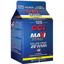 CCI Maxi-Mag 22 WMR 40 Grain JHP Ammunition, 125 Round Box