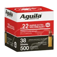 Aguila Super Extra .22 LR High Velocity 38 Gr Copper Plated Hollow Point Ammunition, 500 Rounds - 1B221118