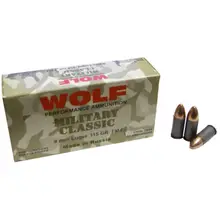 Wolf Military Classic 9mm Luger 115gr FMJ Steel Case Ammunition 50 Rounds