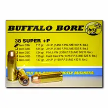 BUFFALO BORE .38 SUPER +P AMMUNITION 20 ROUNDS JHP 115 GRAINS 33A/20