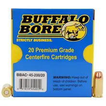 Buffalo Bore .45 ACP +P 200 Grain Jacketed Hollow Point Personal Defense Ammunition, 20 Rounds per Box