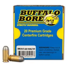 Buffalo Bore Outdoorsman .45 ACP +P 255 Gr Hard Cast Flat Nose (HCFN) Ammunition, 20 Rounds per Box