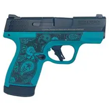 Smith & Wesson M&P Shield Plus 9mm Custom Engraved Paisley Aztec Teal Frame Handgun with Thumb Safety and 10/13rd Magazines