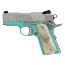 Iver Johnson 1911 Thrasher Officer TB9 9mm Semi-Automatic Pistol with 3.13" Barrel, Tiffany Blue/Silver Cerakote Finish, and White Synthetic Pearl Grip