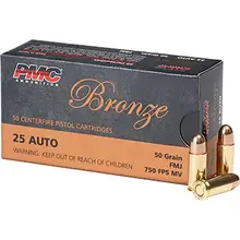 PMC Bronze .25 ACP 50 Grain FMJ Handgun Ammo - 50 Rounds Box (25A)