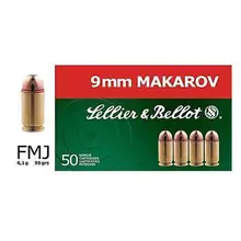 Sellier & Bellot 9x18mm Makarov 95 Grain FMJ Ammunition, Box of 50 Rounds, SB9MAK