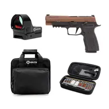 SIG SAUER P320 AXG FULL SIZE 9MM 4.7IN 2X 17RD TWO-TONE COYOTE PISTOL WITH GRITR CARACARA 3.0 MOA SINGLE RED DOT RETICLE REFLEX SIGHT, GRITR MULTI-CALIBER GUN CLEANING KIT AND GRITR SOFT BLACK PISTOL CASE