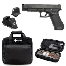 GLOCK G34 GEN5 COMPETITION MOS 9MM 5.31IN 3X 17RD MAGS SEMI-AUTOMATIC PISTOL AND TRIJICON SUPPRESSOR/OPTIC HEIGHT SIGHTS FOR GLOCK STANDARD FRAMES, GRITR MULTI-CALIBER CLEANING KIT, GRITR SOFT BLACK PISTOL CASE