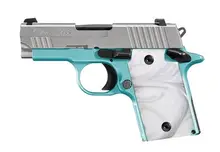 SIG SAUER P938 9MM Robins Egg Blue TALO Edition with White Pearl Grips and SIGLITE