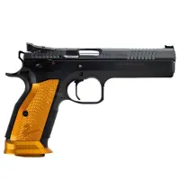 CZ-USA TS2 Semi-Auto 9mm Handgun with 5.2" Barrel, Black Polycoat, Orange Aluminum Grips, and 20-Round Capacity