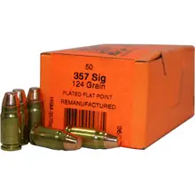 HSM .357 SIG 50 ROUNDS REMANUFACTURED TRAINING AMMUNITION 124 GRAIN PLATED FLAT POINT 1360FPS