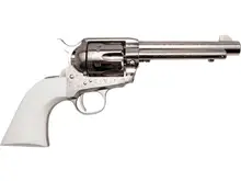 Cimarron Frontier .45LC Revolver, 4.75" Barrel, Engraved Nickel Finish, Ivory Polymer Grip
