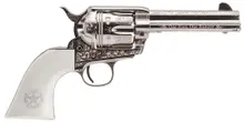 Cimarron Texas Ranger Frontier .45LC 4.75" Engraved Nickel-Plated Revolver with White Polymer Grip