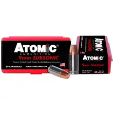 Atomic Subsonic 9mm Luger +P Ammunition, 147 Gr Bonded Match Hollow Point, 50 Rounds Per Box
