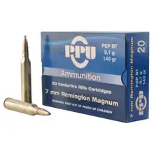 Prvi Partizan PPU 7mm Remington Magnum 140 Grain PSP Boat-Tail Ammunition, 20 Rounds, 3110 FPS